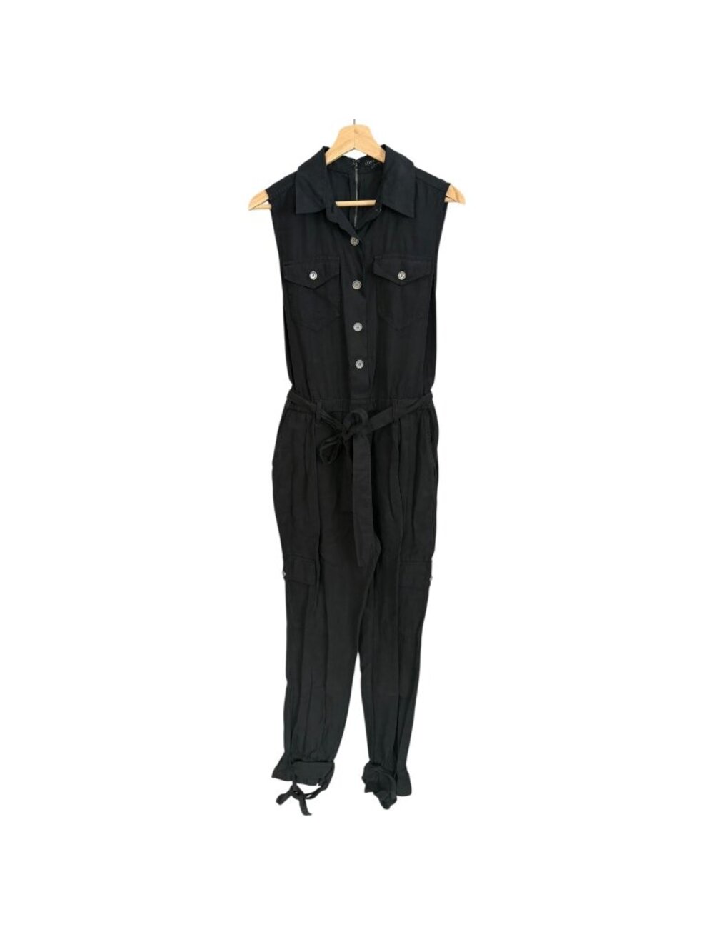Alice + Olivia Lyocell Linen Utility Kai Jumpsuit Belted Sleeveless Black 8‎